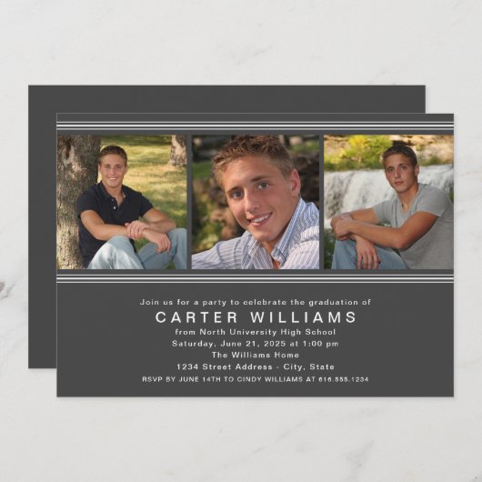 炭モダン写真コラージュ卒業パーティー 招待状 (正面/裏面)