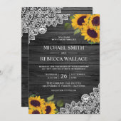 炭素朴灰色ウッドレースサンフラワー結婚ズ 招待状 (正面/裏面)