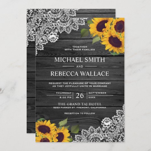 炭素朴灰色ウッドレースサンフラワー結婚ズ 招待状 (正面/裏面)