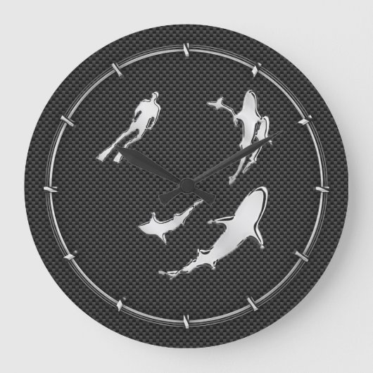 炭素繊維にサメを乗せたクロムのようなダイバー ラージ壁時計 (正面)