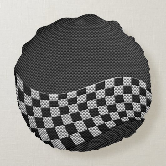 炭素繊維スタイルレーシングフラグ市松模様にの波プリント ラウンドクッション (裏面)