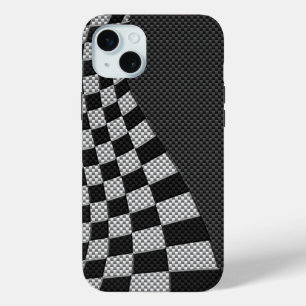 炭素繊維スタイルレーシングフラッグ波プリント iPhone 15 MINIケース