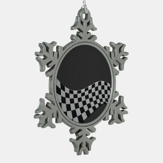 炭素繊維スタイル市松模様にレーシングフラグ波 スノーフレークピューターオーナメント (左)