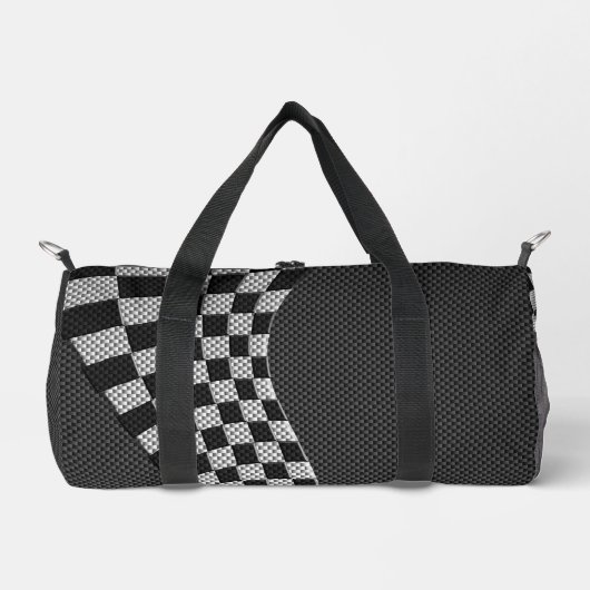 炭素繊維スタイル市松模様にレーシングフラッグ波 ダッフルバッグ (正面)
