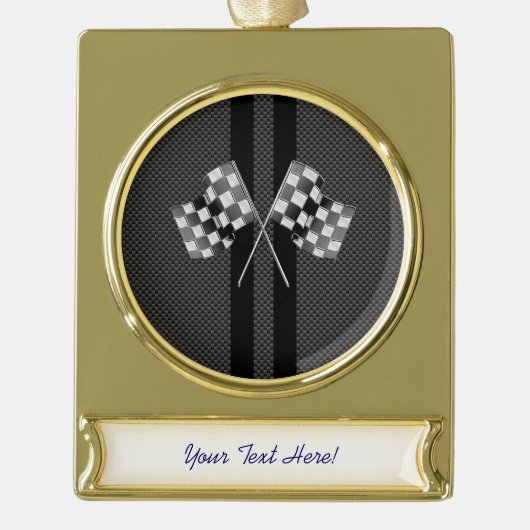 炭素繊維ストライプデコールのレーシングフラグスタイル ゴールドプレートバナーオーナメント (正面)