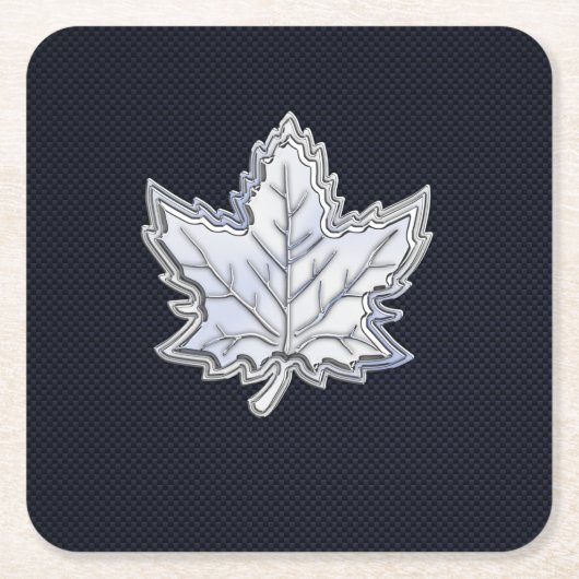 炭素繊維プリント上のクロムのようなメープルリーフ スクエアペーパーコースター (正面)