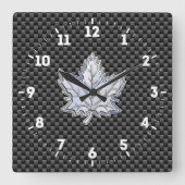 炭素繊維上のクロームのようなメープルリーフ黒 スクエア壁時計 (正面)
