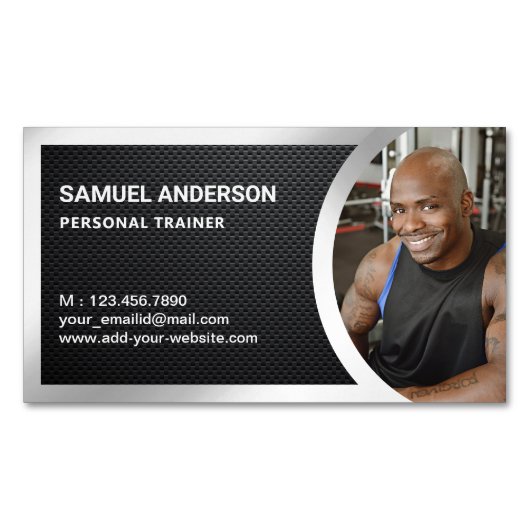 炭素繊維銀フィットネスパーソナルトレーナー写真 マグネット名刺 (正面)