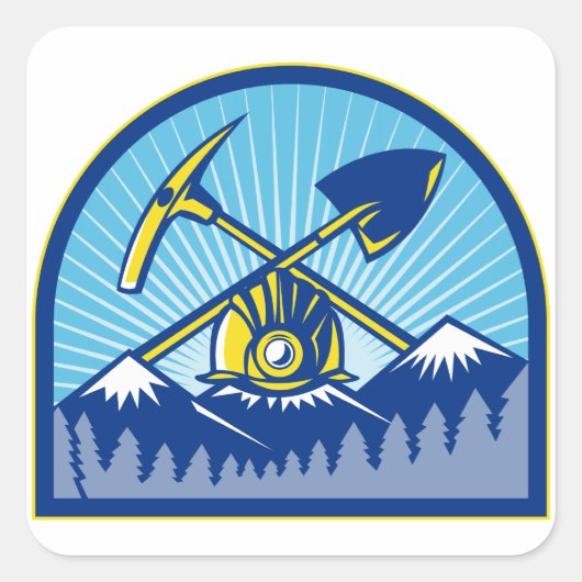 炭鉱作業員のヘルメットのつるはしのシャベルのレトロ スクエアシール (正面)