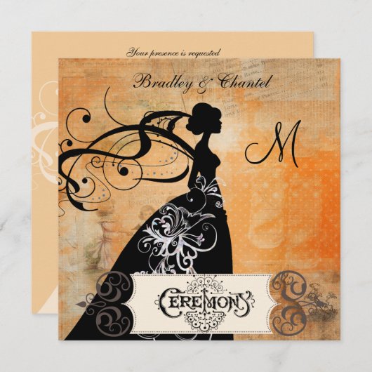 点々のあるなオレンジシャーベットのシルエットの花嫁の招待状 招待状 (正面/裏面)