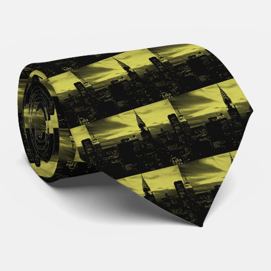 点々のあるイエローブラックニューヨークシティ ネクタイ (ロール)