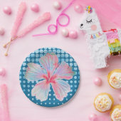 点々のあるティール(緑がかった色)ブルーとハイビスカス ペーパープレート (パーティー)