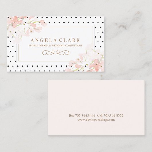 点とピンクの水彩の花を花にかける 名刺 (正面/裏面)