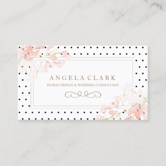 点とピンクの水彩の花を花にかける 名刺 (正面)