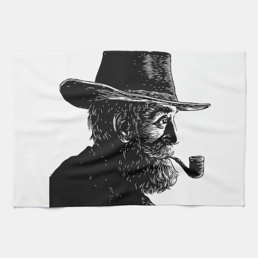 点と線のポートレート：ワイズ老人喫煙パイプ キッチンタオル (横)