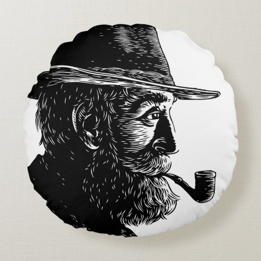 点と線のポートレート:ワイズ老人喫煙パイプ ラウンドクッション (正面)