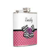 点の紫色のバラのシェブロンのかわいいピンクの弓および名前 フラスク (右)