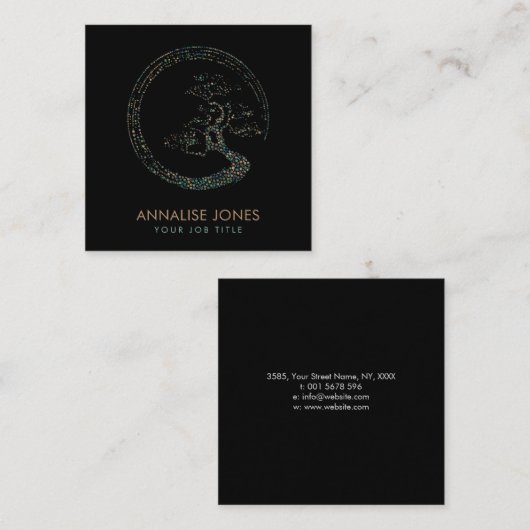 点の芸術のEnsoの円の盆栽の木の大理石および金ゴールド スクエア名刺 (正面/裏面)