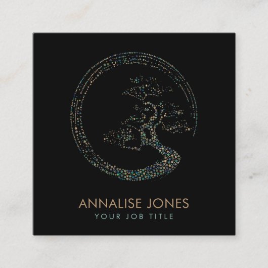 点の芸術のEnsoの円の盆栽の木の大理石および金ゴールド スクエア名刺 (正面)