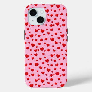 点在する赤いハート(ピンク) iPhone 15ケース
