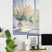 点描主義の花の芸術と日当たりの良い庭の景色 ポスター (ホームオフィス)