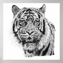 点描主義の虎の頭部 白黒の野生動物アート