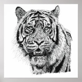 点描主義の虎の頭部 白黒の野生動物アート ポスター