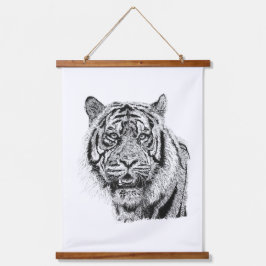 点描主義の虎の頭部 白黒の野生動物アート 吊り下げ型タペストリー