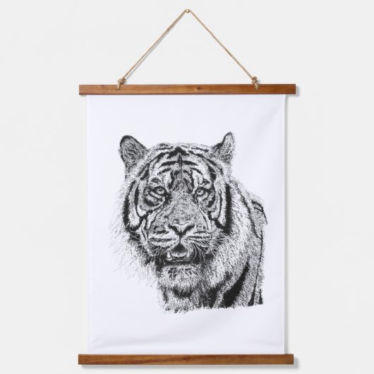 点描主義の虎の頭部 白黒の野生動物アート 吊り下げ型タペストリー (正面)