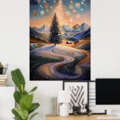 点描画スタイルの星空に輝く冬の樹木 ポスター (ホームオフィス)