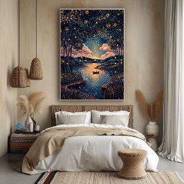 点描画風の星空の河川 ポスター