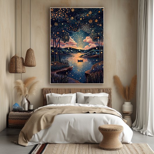 点描画風の星空の河川 ポスター