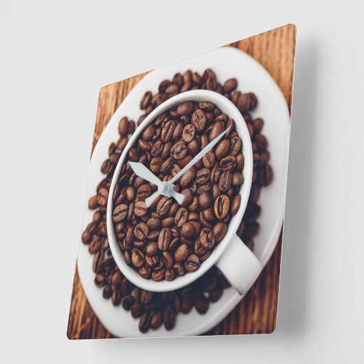 焙煎コーヒー豆がたっぷり入った白いカップ スクエア壁時計 (傾斜)