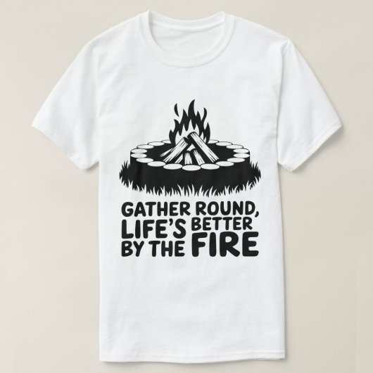 焚き火の周りに集まろう キャンプ・アート Tシャツ (デザイン正面)