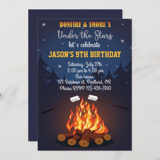 焚き火の誕生日の招待キャンプパーティー招待状 招待状 (正面/裏面)