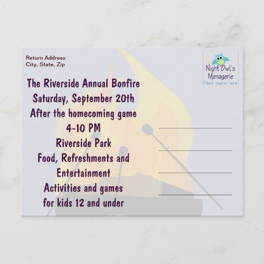 焚き火アウトドアパーティーはがき招待状 インビテーションポストカード (裏面)