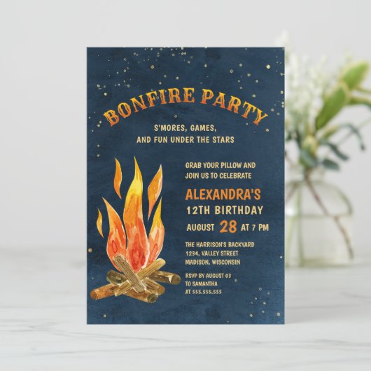 焚き火パーティーナイトウォーターカラーおもしろい誕生日 招待状 (スタンド正面)