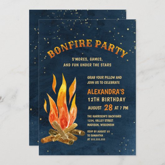 焚き火パーティーナイトウォーターカラーおもしろい誕生日 招待状 (正面/裏面)