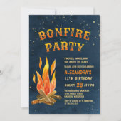 焚き火パーティー水カラーブルーオレンジ誕生日 招待状 (正面)