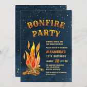 焚き火パーティー水カラーブルーオレンジ誕生日 招待状 (正面/裏面)