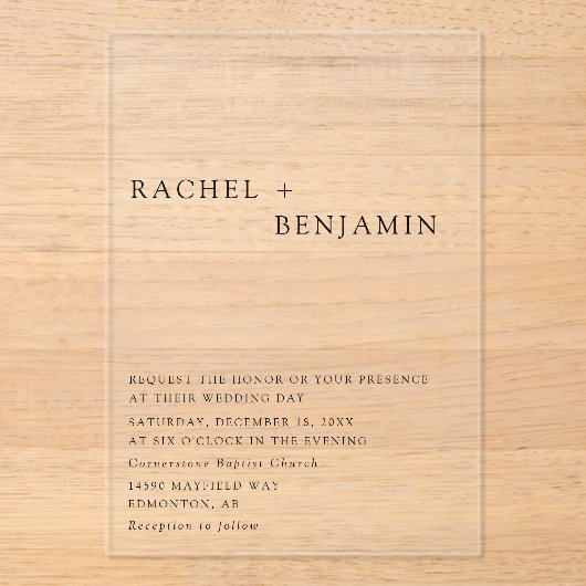 無モダンエレガント常ミニマクラシックリストフォーマル アクリル招待状 (正面)