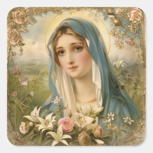 無原罪の聖母マリア フローラル ヴィンテージ カトリック スクエアシール (正面)