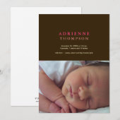 無地のな洗練の茶色のピンクの写真のベビーの誕生 案内状 (正面/裏面)