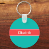 無地のティール(緑がかった色)、コーラルレッドリボン名モノグラム キーホルダー (正面)