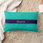 無地のティール(緑がかった色)、ネイビーブルーリボン名モノグラム ランバークッション (ブランケット)