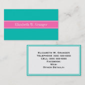 無地のティール(緑がかった色)、ホットピンク#2リボン名モノグラム 名刺 (正面/裏面)