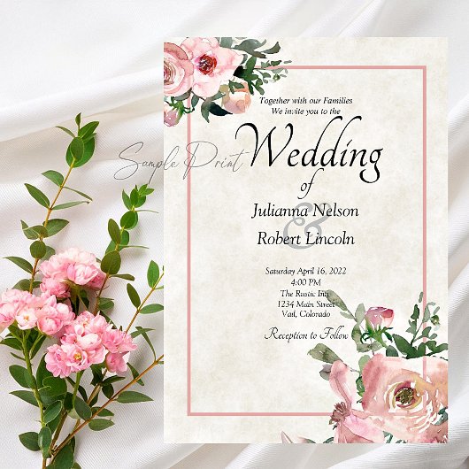 無地のブライダル予算 ピンクの水彩花の結婚式の招待状 招待状