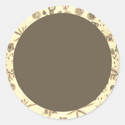 無地のベージュと緑の花柄ラベル ラウンドシール (正面)