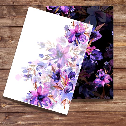 無地の招待状 水彩 紫 ピンクの花 招待状