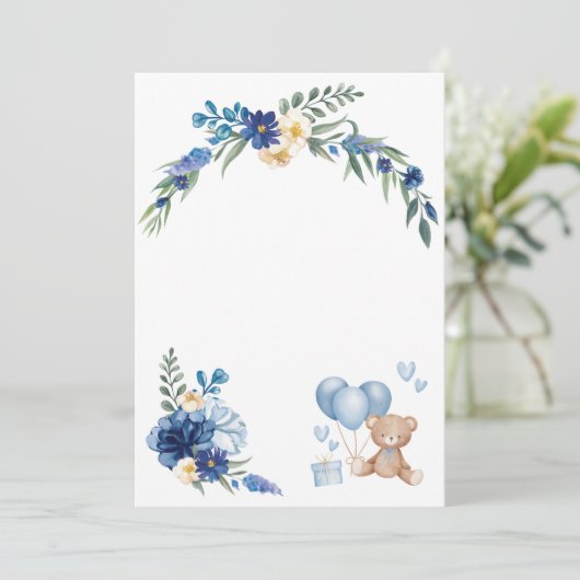 無地の水彩花テディベア 青い風船 招待状 (スタンド正面)